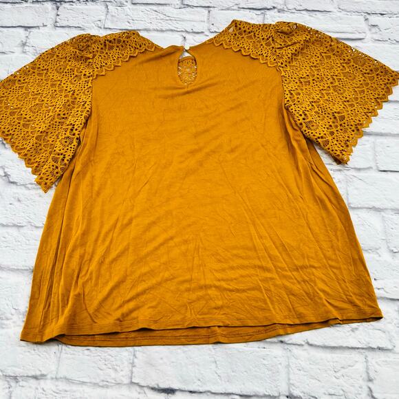 LOFT‎ Women's Short Sleeve Lace Shirt Blouse Small Yellow Mustard Round Neck - Picture 8 of 8